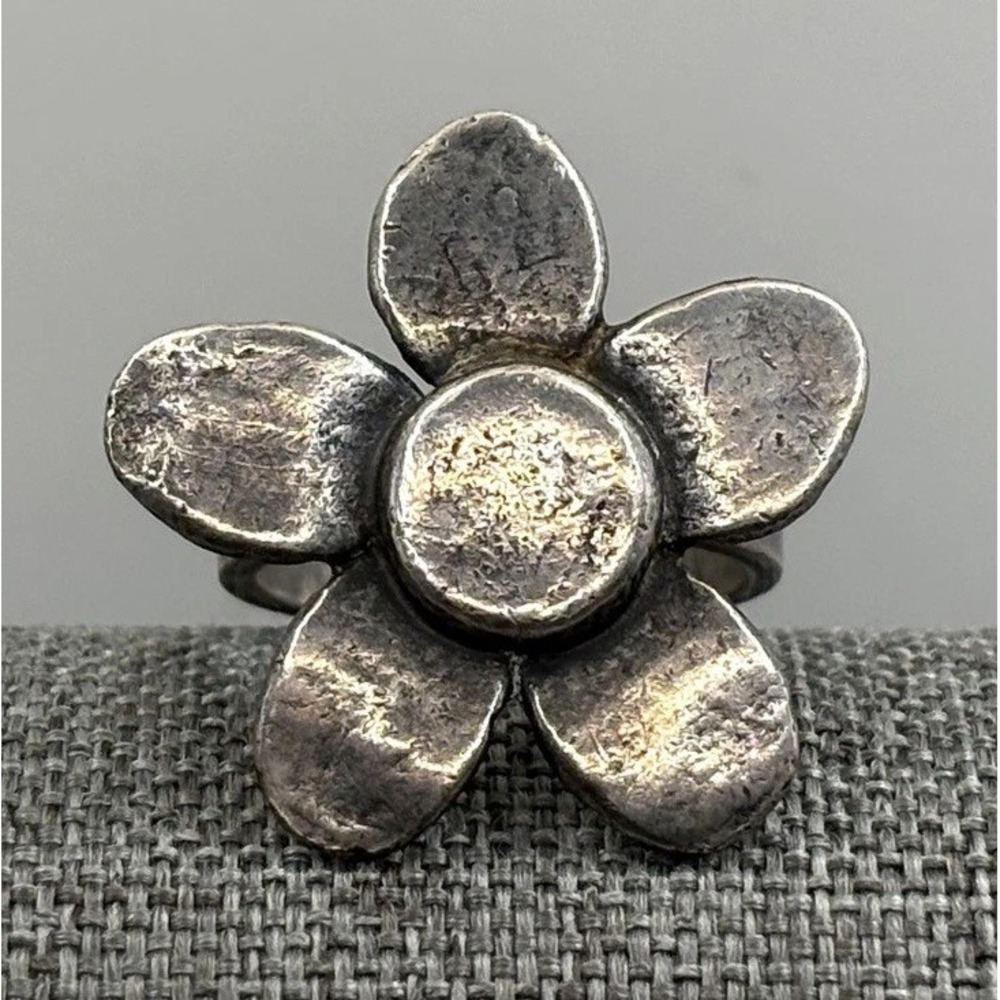 Vintage Chunky Sterling Silver Flower Ring Statement Handmade Floral Size 7